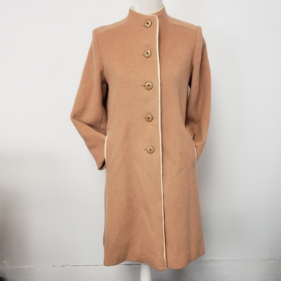 VINTAGE 90s Felted Wool Coat Med. Camel & Cream Midi Length GUC - Picture 15 of 15